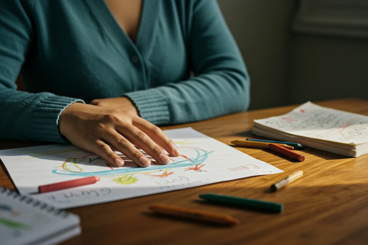 La mano de una cuidadora sobre el dibujo de un niño, con lápices de colores sobre la mesa del box.