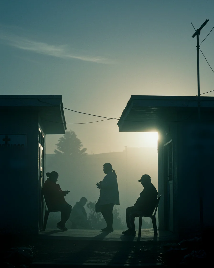 Siluetas esperando al amanecer frente a un consultorio, en contraluz.