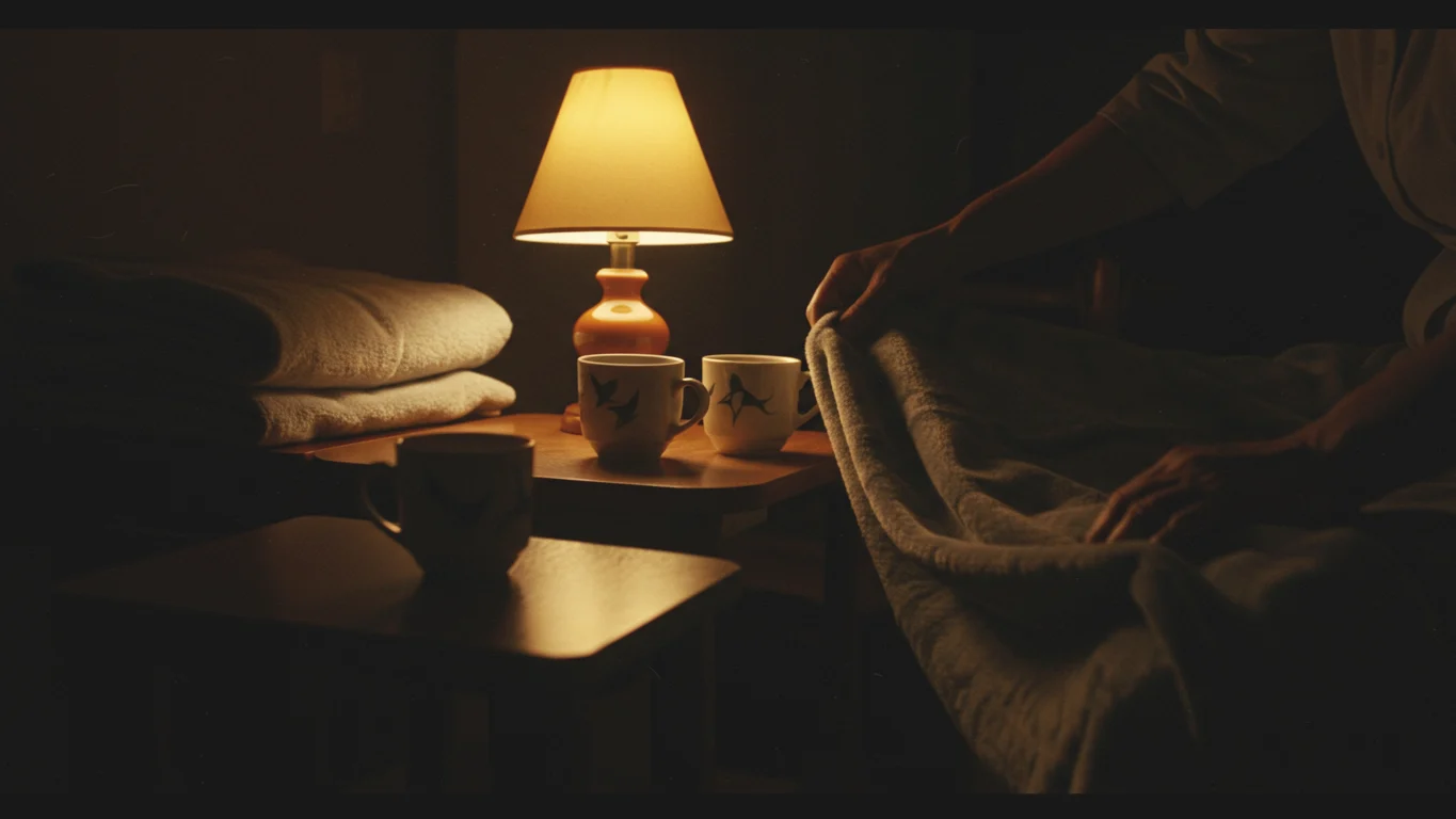 Una mano arropa con luz ámbar en penumbra; dos tazas en la mesa de quien vela.